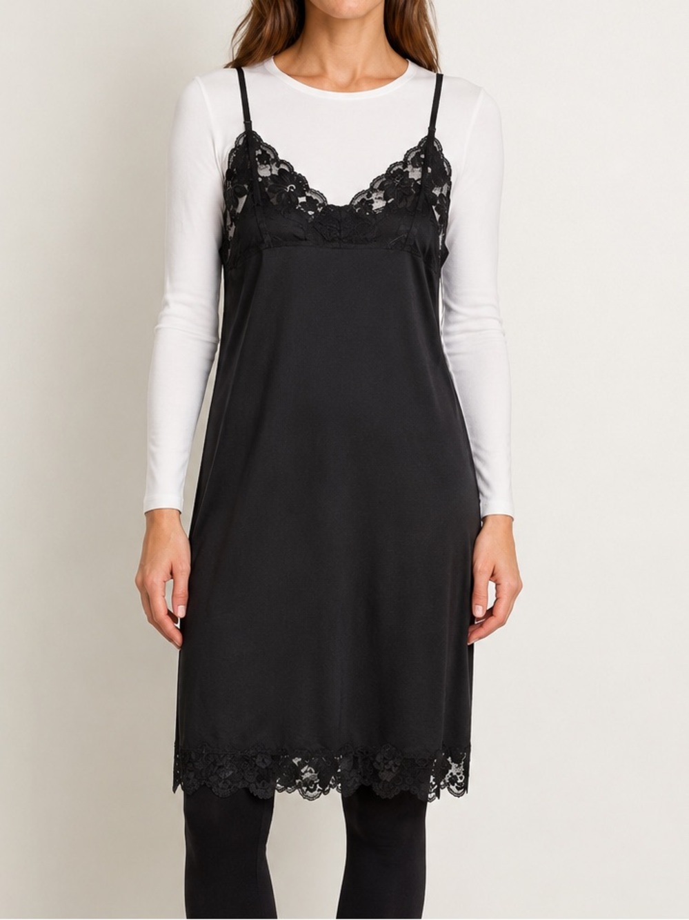 Vintage Lorraine Black Lace Full Slip Dress Tall 32 Nylon Made in USA